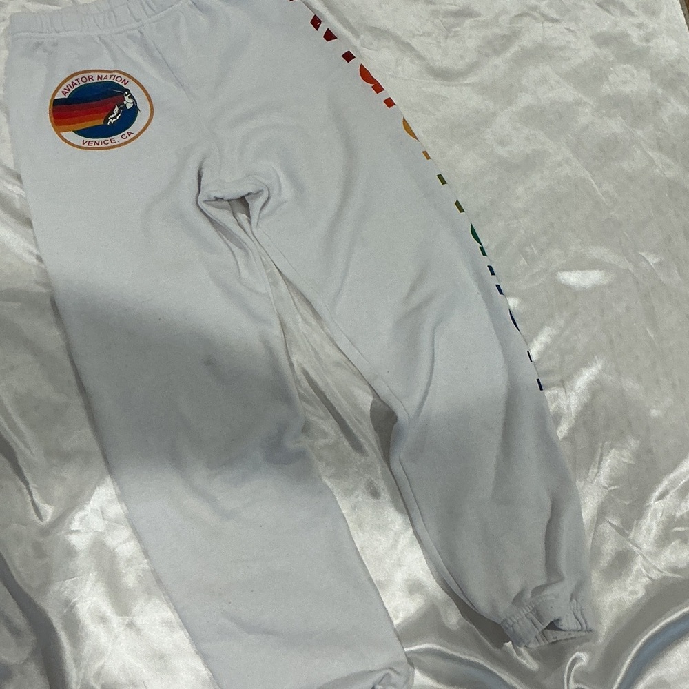 Aviator Nation White Sweatpants with Rainbow Stripe